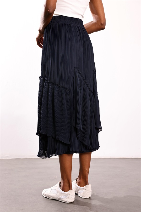 Lacivert Parçalı Piliseli Etek 