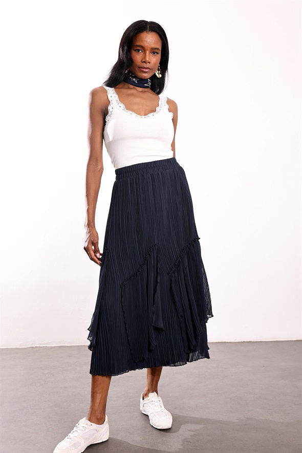 Lacivert Parçalı Piliseli Etek 