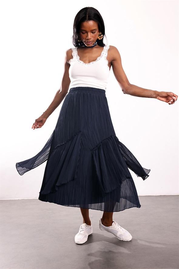 Lacivert Parçalı Piliseli Etek 