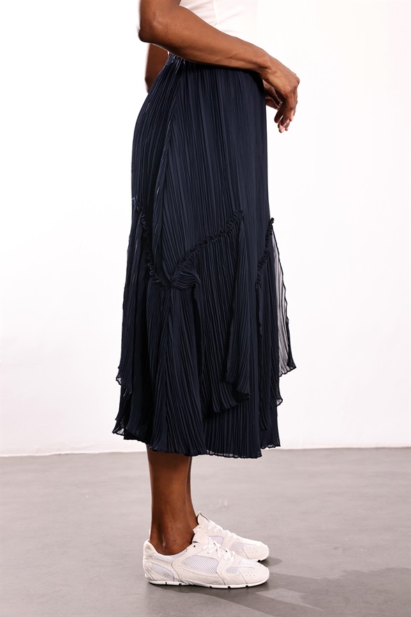 Lacivert Parçalı Piliseli Etek 