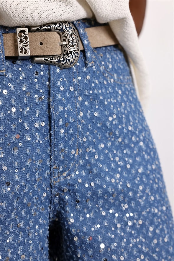 Lacivert Pullu Denim Şort 