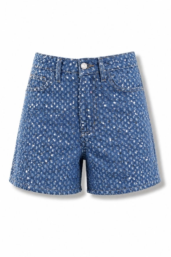 Lacivert Pullu Denim Şort 