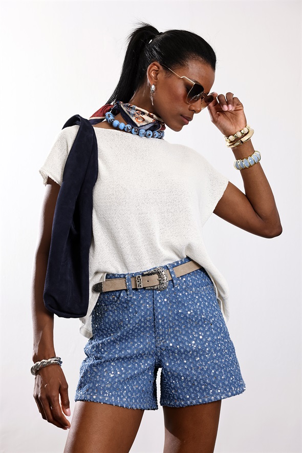 Lacivert Pullu Denim Şort 