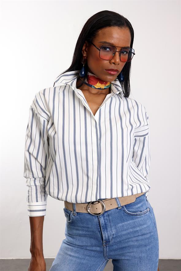 Lacivert Regular Fit Çizgili Gömlek 