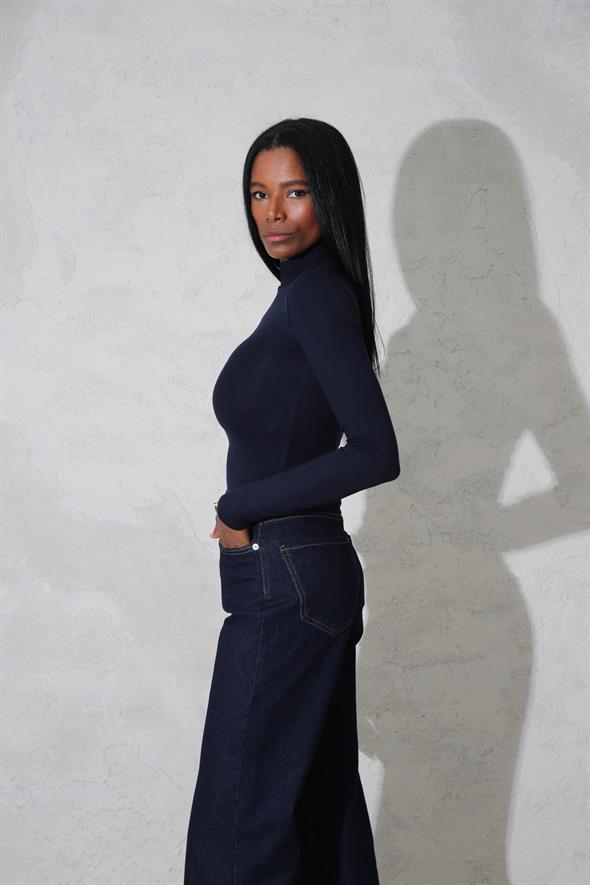 Lacivert Soft Touch Bambu Dik Yaka Tişört 