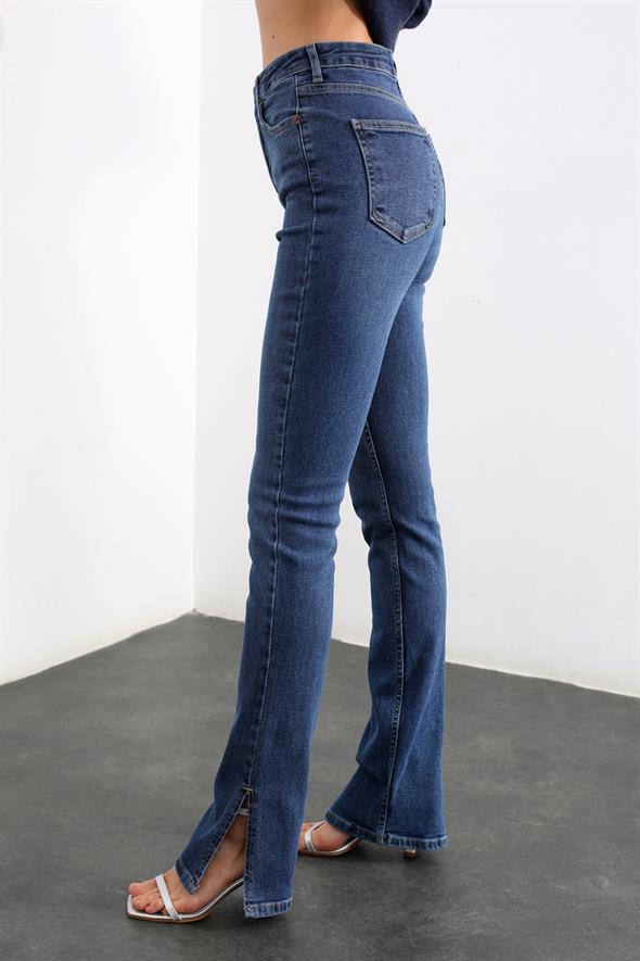 Lacivert Ultra Yüksek Bel Paçası Yırtmaçlı Jean 