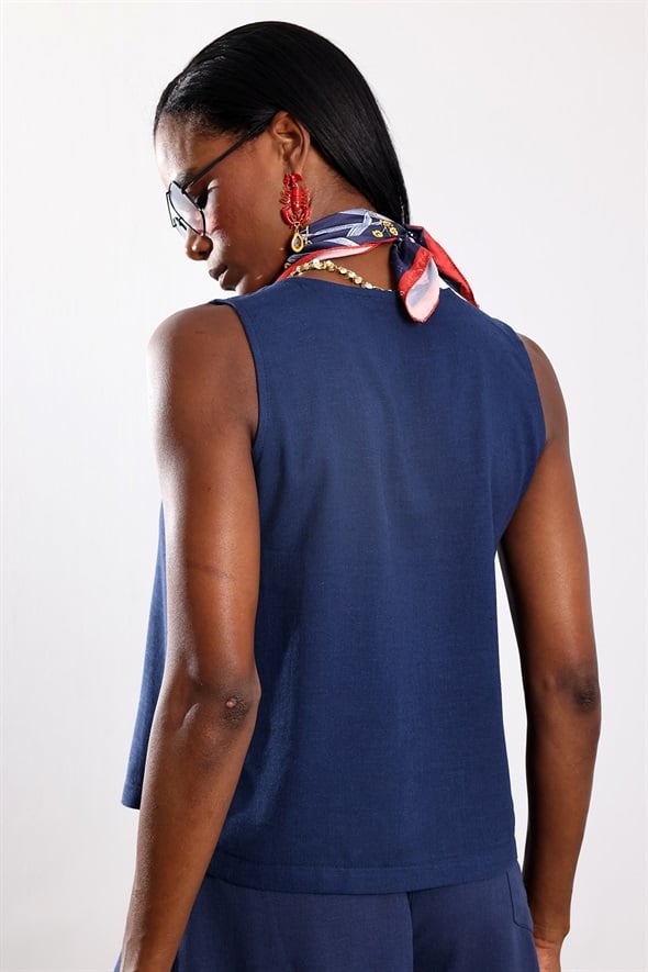 Lacivert V Yaka Bluz 30068