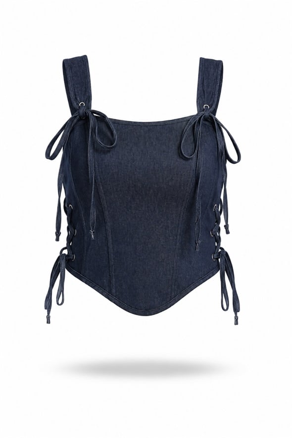 Lacivert Yanları Bağlamalı Denim Büstiyer 5649