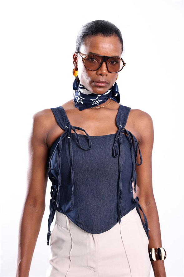 Lacivert Yanları Bağlamalı Denim Büstiyer 5649