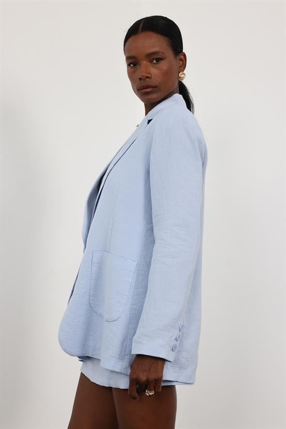 Mavi %100 Ham Keten Ceket 