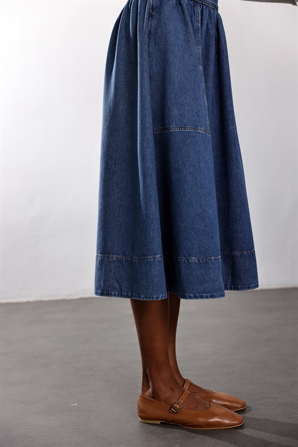 Mavi Beli Lastikli Çan Denim Etek 