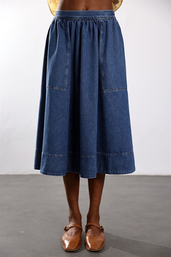 Mavi Beli Lastikli Çan Denim Etek 