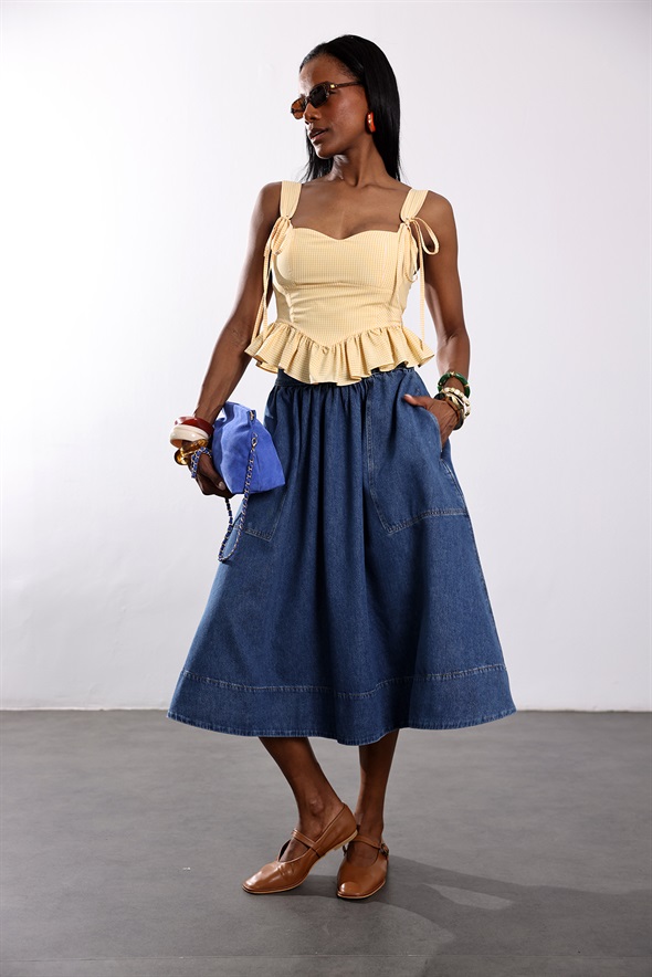 Mavi Beli Lastikli Çan Denim Etek 