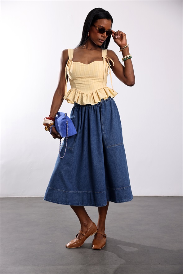 Mavi Beli Lastikli Çan Denim Etek 