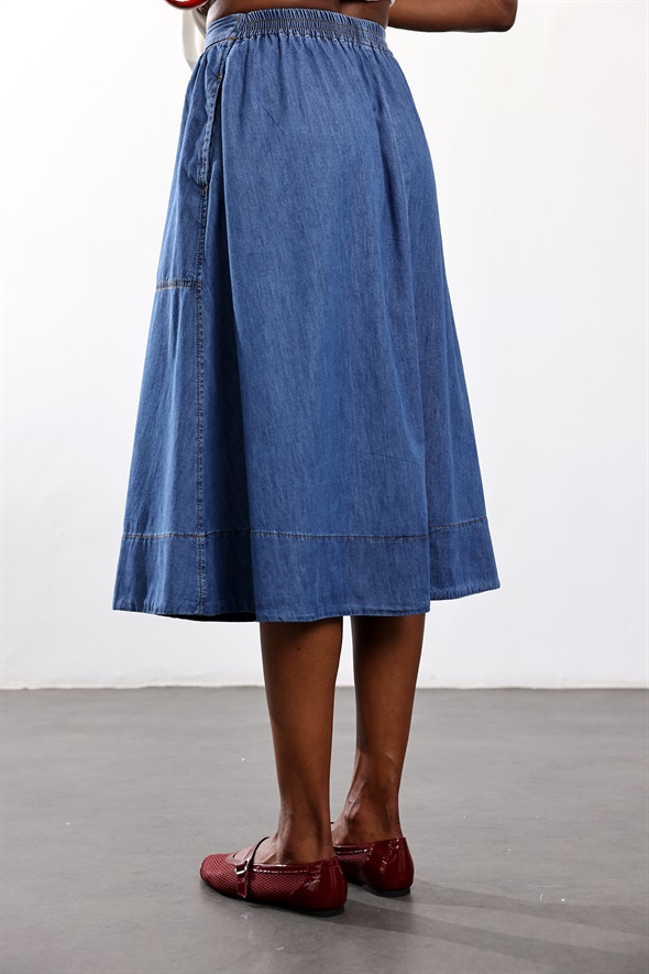 Mavi Cepli Denim Etek 