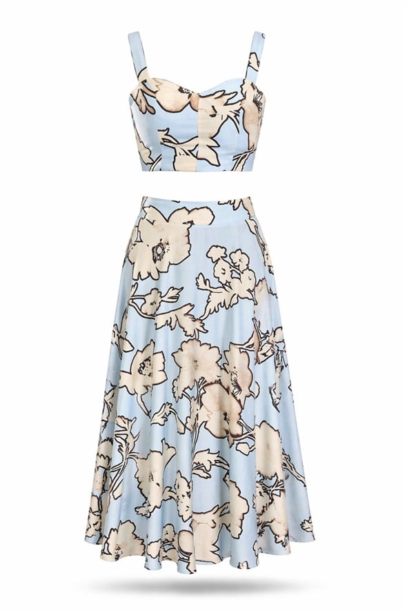 Mavi Çiçek Desenli Etek Takım 00532