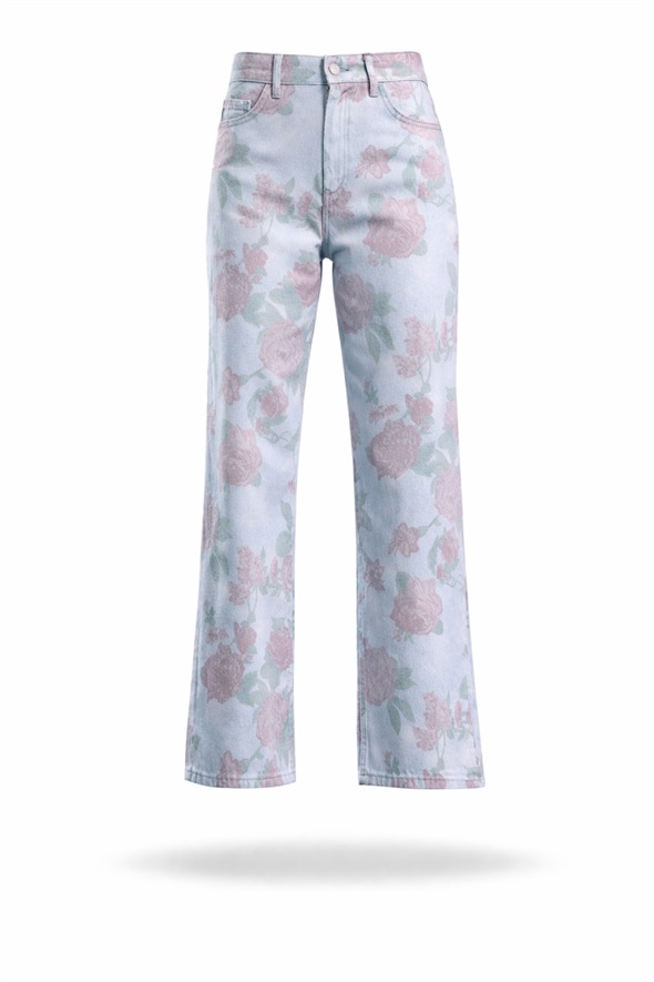 Mavi Çiçek Desenli Pantolon 