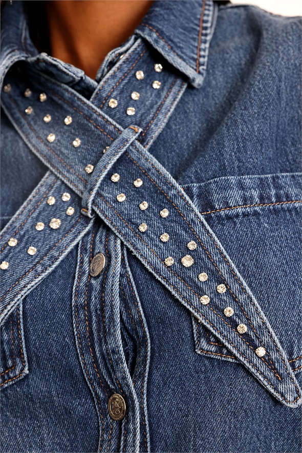 Mavi Çıkarılabilir Fularlı Denim Gömlek 8430