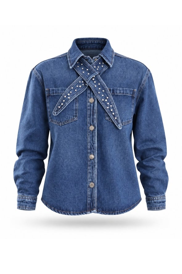 Mavi Çıkarılabilir Fularlı Denim Gömlek 8430