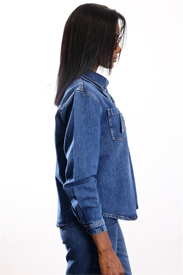 Mavi Çıkarılabilir Fularlı Denim Gömlek 8430