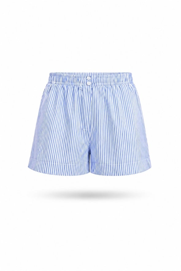 Mavi Çizgili Poplin Şort 0179