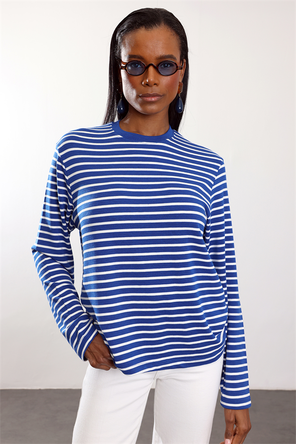 Mavi Çizgili Uzun Kollu Tişört 0197