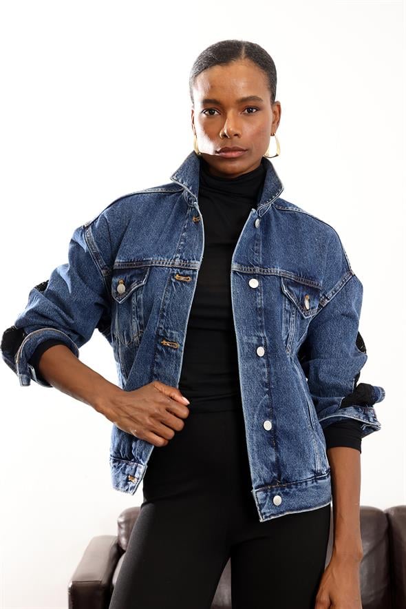 Mavi Dantel Detaylı Kot Ceket 