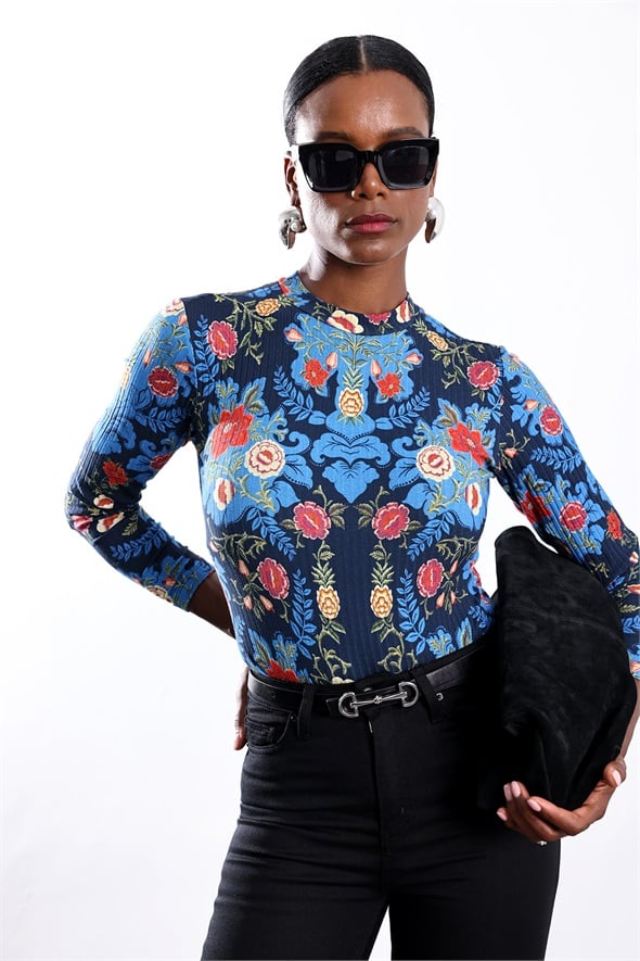 Mavi Desenli Bodysuit 