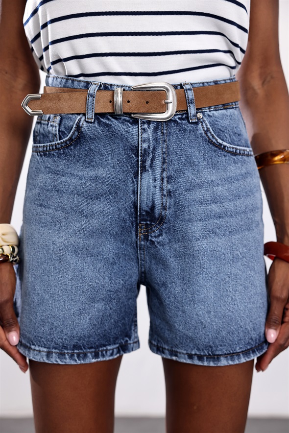 Mavi Düz Kesim Denim Şort 1511