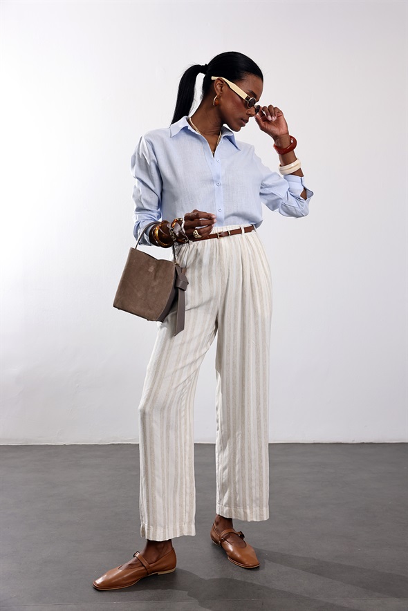 Mavi Keten Karışımlı Gömlek 4165