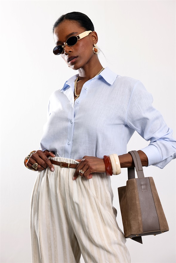 Mavi Keten Karışımlı Gömlek 4165