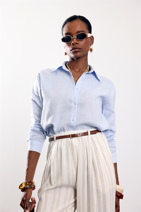 Mavi Keten Karışımlı Gömlek 4165