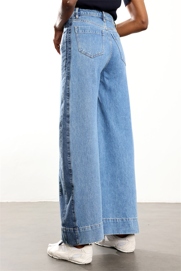 Mavi Kontrast Geniş Paçalı Jean 