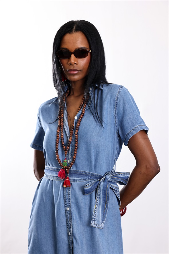 Mavi Kuşaklı Denim Gömlek Elbise 