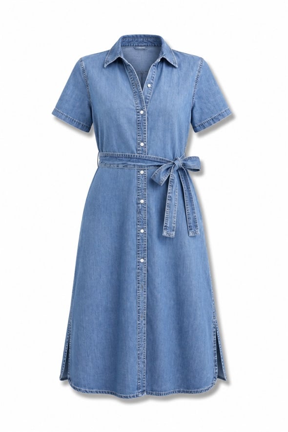 Mavi Kuşaklı Denim Gömlek Elbise 