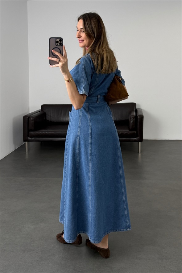 Mavi Kuşaklı V Yaka Denim Western Elbise 