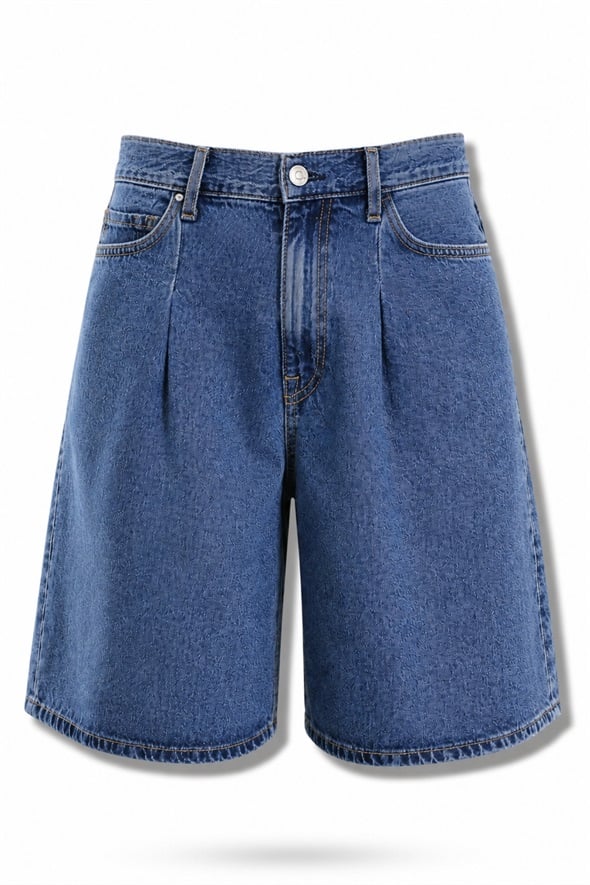 Mavi Pileli Denim Şort 