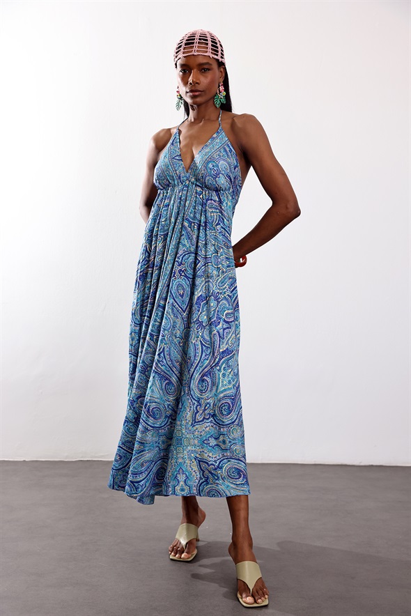 Mavi Şal Desenli Maxi Boy Elbise 39619