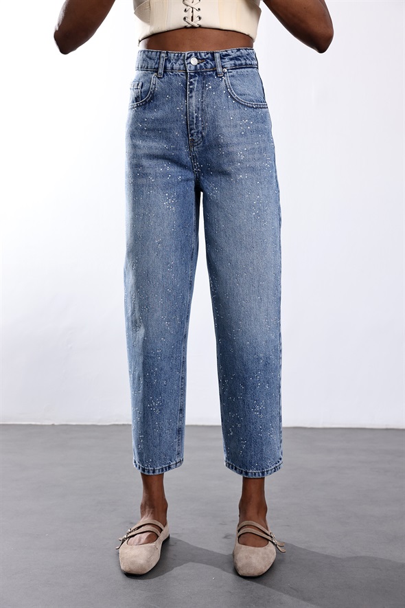 Mavi Taşlı Baggy Jean 3010