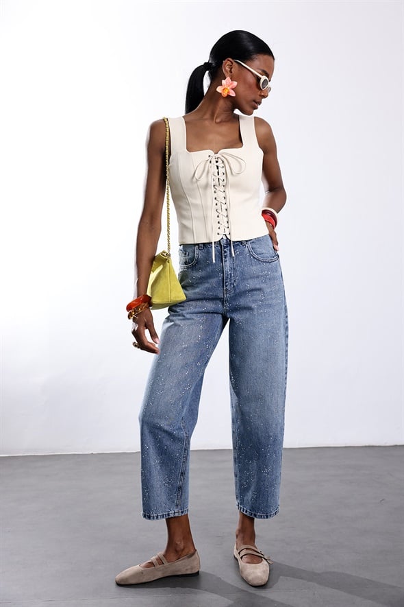 Mavi Taşlı Baggy Jean 3010
