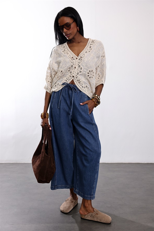 Mavi Uzun Paçalı İpli Jean 