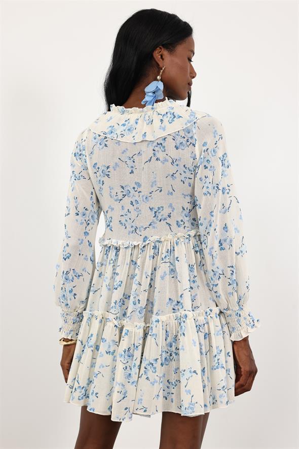 Mavi V Yaka Önü Fırfırlı Elbise 