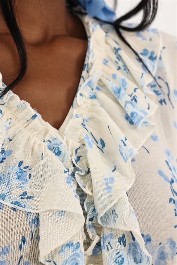 Mavi V Yaka Önü Fırfırlı Elbise 