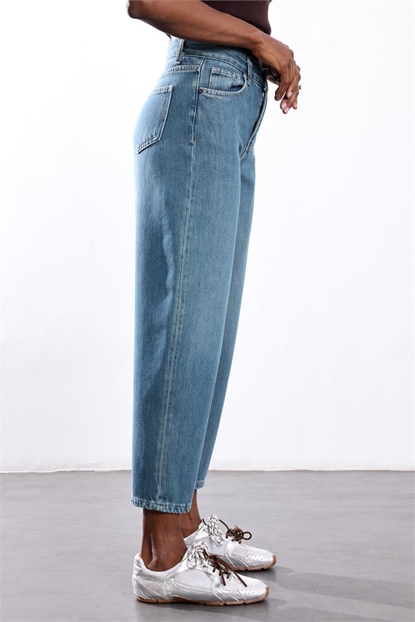 Mavi Yüksek Bel Barrel Jean 