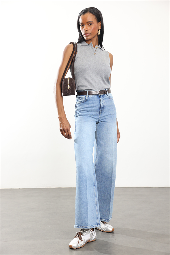 Mavi Yüksek Bel Cebi Dikişsiz Wide Leg Jean 