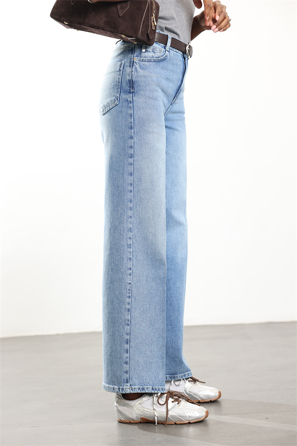 Mavi Yüksek Bel Cebi Dikişsiz Wide Leg Jean 