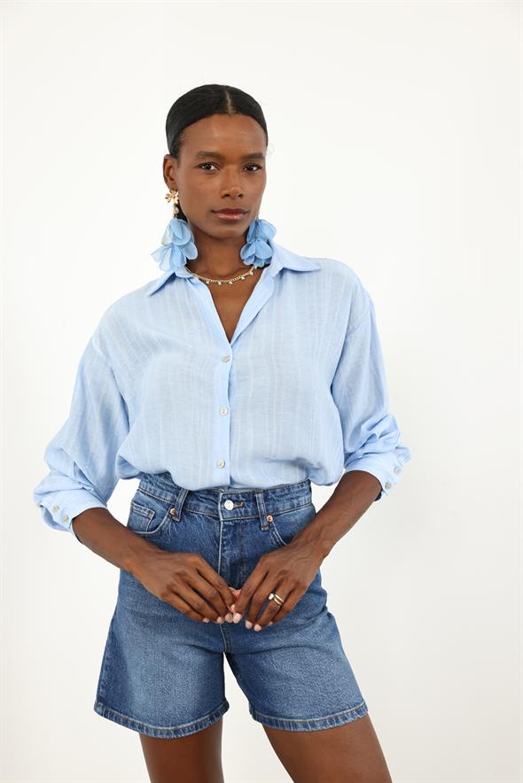 Mavi Yüksek Bel Denim Şort 