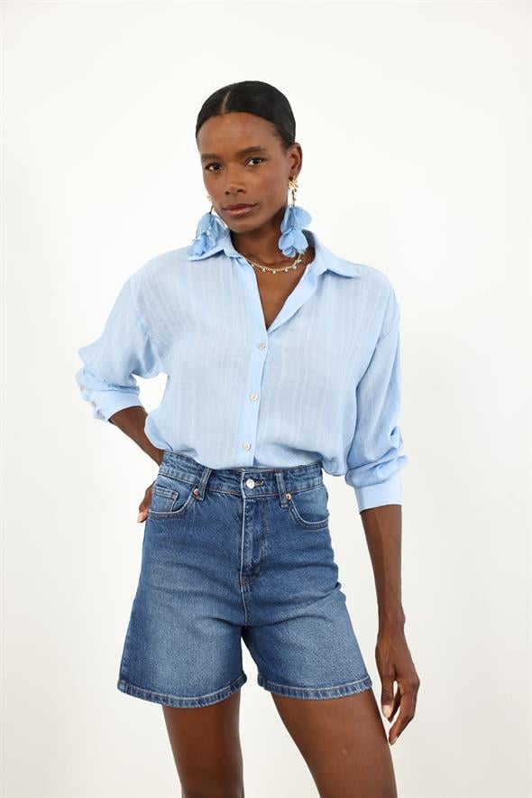 Mavi Yüksek Bel Denim Şort 