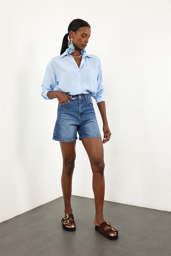 Mavi Yüksek Bel Denim Şort 
