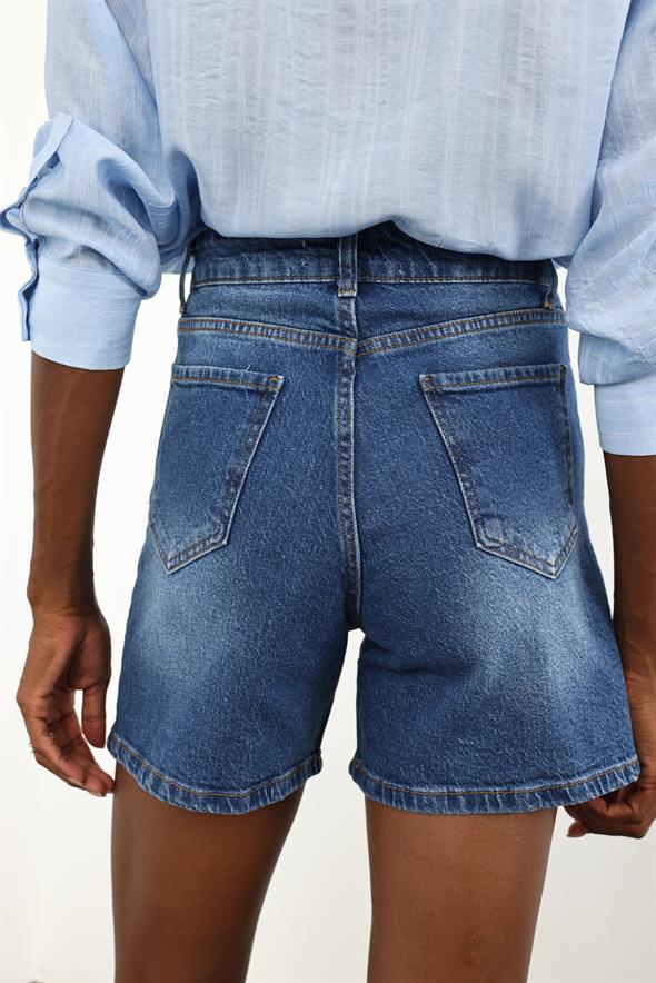 Mavi Yüksek Bel Denim Şort 